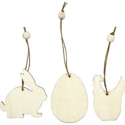 Puukoristeet, pupu, muna, kana, 6 cm, 3 mm, 9kpl/ 1 pkt