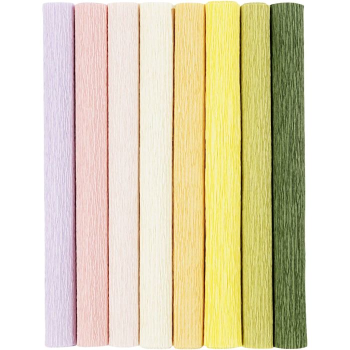 Kreppipaperi, arkki 25x60 cm, Jonka joustavuus: 180%, 105 g, pastellivärit, 8 ark/ 1 pkt
