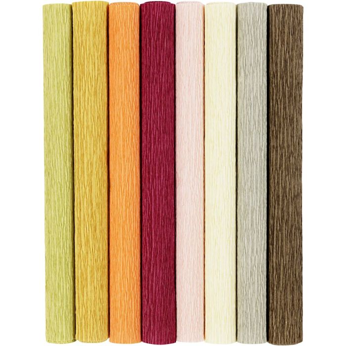 Kreppipaperi, arkki 25x60 cm, Jonka joustavuus: 180%, 105 g, murretut värit, 8 ark/ 1 pkt