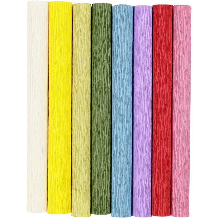 Kreppipaperi, arkki 25x60 cm, Jonka joustavuus: 180%, 105 g, perusvärilajitelma, 8 ark/ 1 pkt