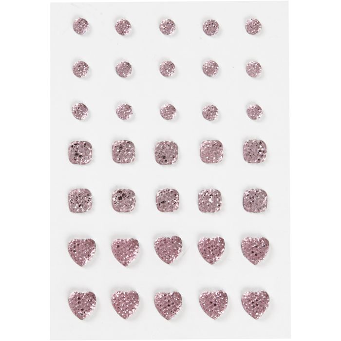 Akryylitimantit, pyöreä, neliö, sydän, koko 6+8+10 mm, rosa, 35 kpl/ 1 pkt