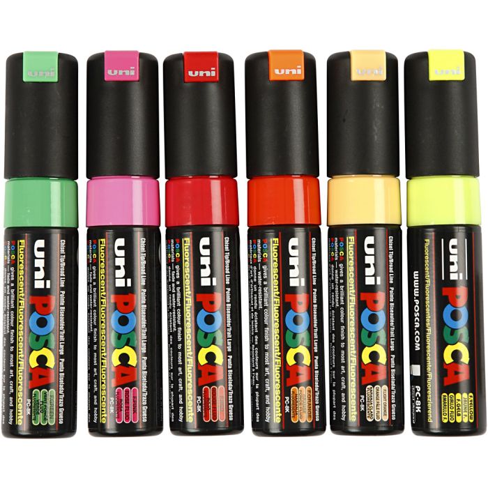 Posca-tussit, nro PC-8K, paksuus 8 mm, broad, läpikuultavat, värilajitelma, 6 kpl/ 1 pkt