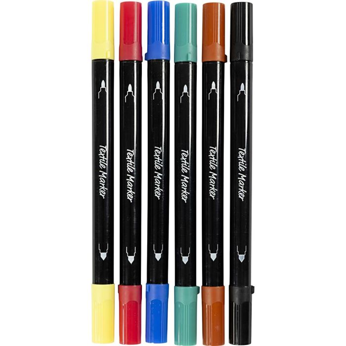 Tekstiilitussit, paksuus 2,3+3,6 mm, perusvärilajitelma, 6 kpl/ 1 pkt