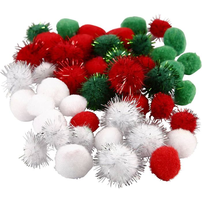 Pompomit, halk. 15+20 mm, vihreä, punainen, valkoinen, 48 kpl/ 1 pkt