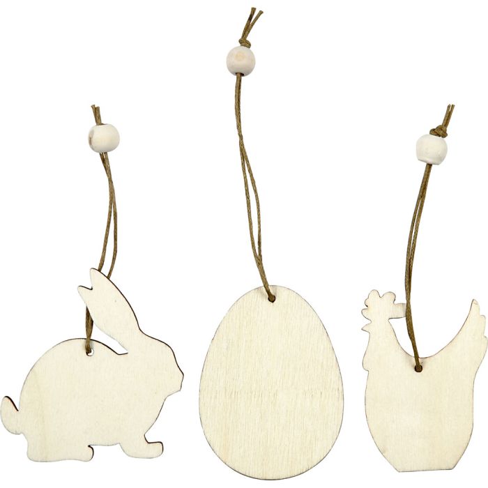 Puukoristeet, pupu, muna, kana, koko 6 cm, paksuus 3 mm, 9 kpl/ 1 pkt