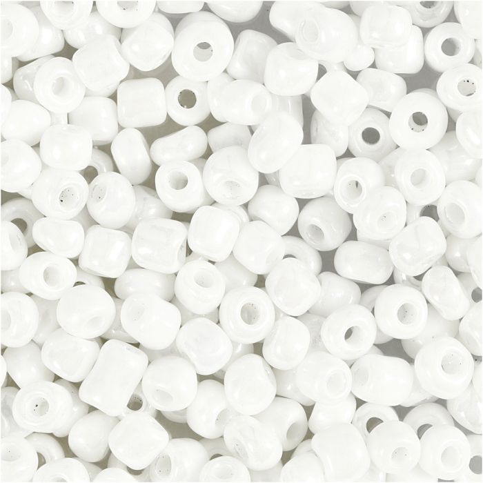 Rocaille-siemenhelmet, halk. 4 mm, koko 6/0, aukon koko 0,9-1,2 mm, helmiäisvalk., 25 g/ 1 pkt