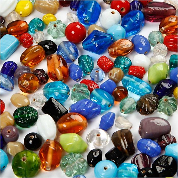 Lasihelmet, koko 7-18 mm, aukon koko 1 mm, ca. 600 kpl, värilajitelma, 1000 g/ 1 pkt