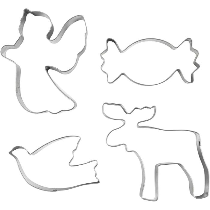 Metallimuotit, Enkeli, poro, kyyhky, karkki, Kork. 2 cm, koko 4,5-9 cm, metallihopea, 4 kpl/ 1 pkt