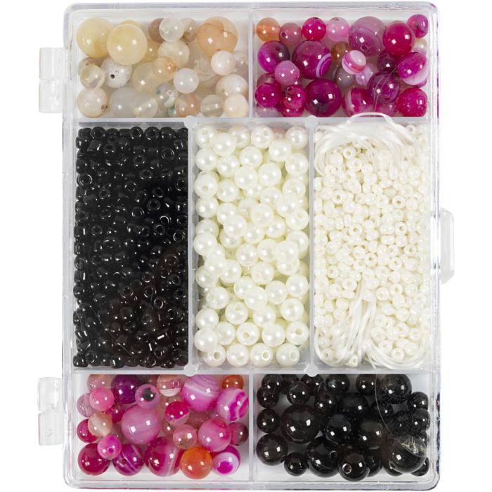 Askartelupaketti Korut, Akaatit, koko 2,6-10 mm, aukon koko 0,8-1,8 mm, ca. 2740 kpl, beige, musta, pinkki, helmiäisvalk., 1 pkk/ 1 pkt