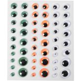 Liikkuvat silmät, tarrataustaiset, halk. 6+8+10+12+15 mm, vihreä, oranssi, valkoinen, 1 ark, 54 kpl