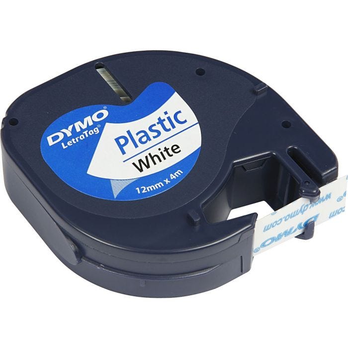 Dymo-teippi, Pit. 4 M, Lev: 12 mm, valkoinen, 4 m/ 1 rll