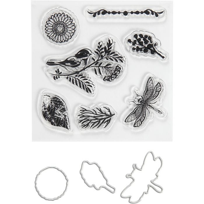 Kirkkaat leimasimet ja kuvioterät, Eläimet ja lehdet, koko 2,5-6 cm, 1 pkk/ 1 pkt
