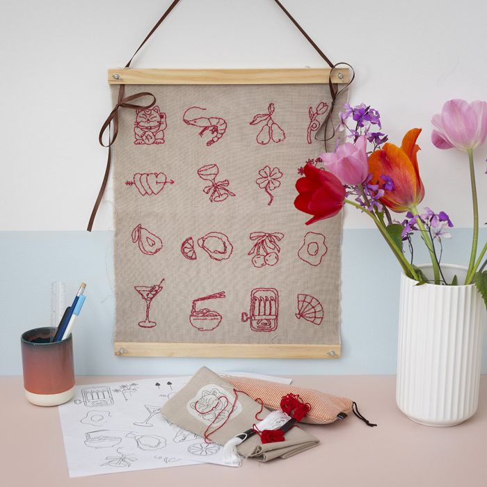 Seinäkoriste, jossa brodeerattuja kuvioita