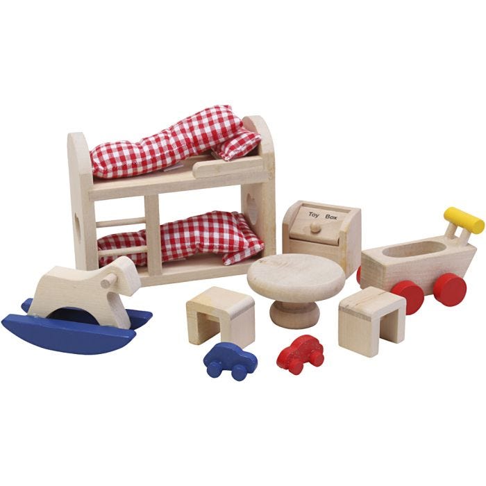 Educo Nukkekodin huonekalut, Lastenhuone, koko 3-12 cm, 12 kpl/ 1 set