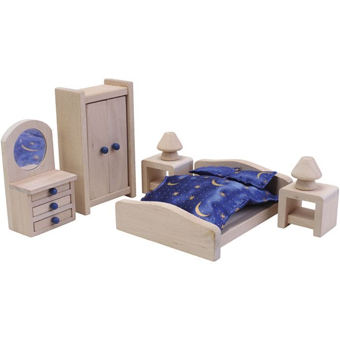 Educo Nukkekodin huonekalut, Makuuhuone, koko 3-14 cm, 10 kpl/ 1 set
