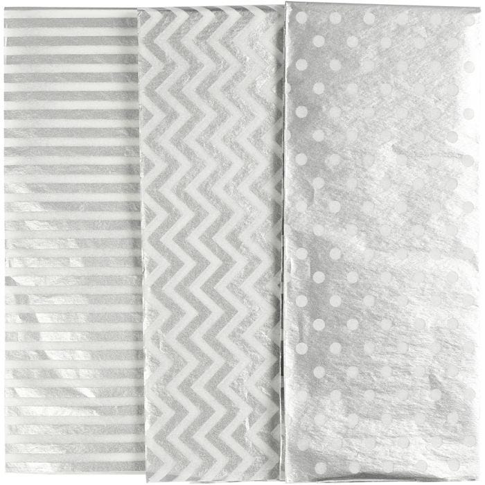 Silkkipaperi, arkki 50x70 cm, 17 g, hopea, 6 ark/ 1 pkt