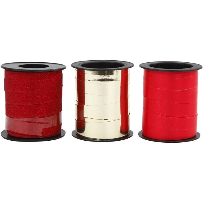 Lahjanauha, Lev: 10 mm, kulta, punainen, glitter punainen, 3x15 m/ 1 pkt