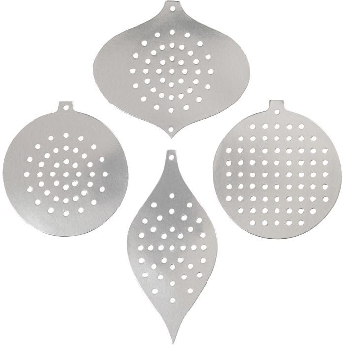 Ompelukartonki, jouluornamentti, Kork. 8,5-12 cm, aukon koko 3 mm, metallic hopea, 8 kpl/ 1 pkt