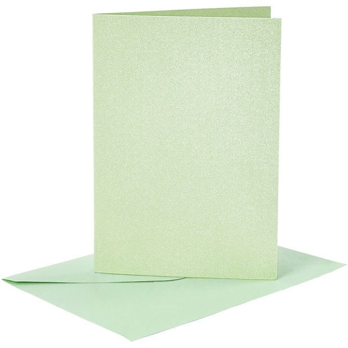 Kortit ja kuoret, kortin koko 10,5x15 cm, kirjekuoren koko 11,5x16,5 cm, helmiäinen, 120+210 g, vaaleanvihreä, 4 set/ 1 pkt