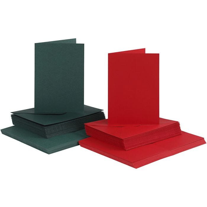 Korttipohja-/kirjekuoripakkaus, kortin koko 10,5x15 cm, kirjekuoren koko 11,5x16,5 cm, 110+230 g, vihreä, punainen, 50 set/ 1 pkt