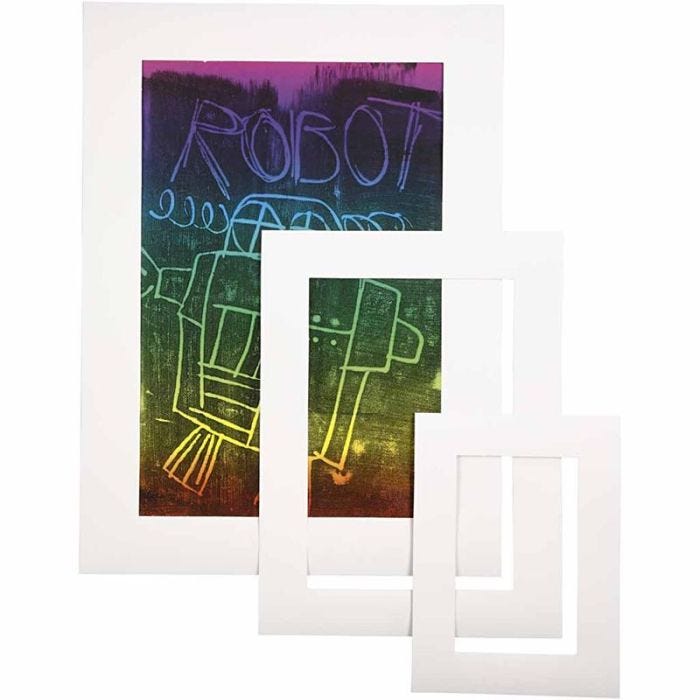 Passepartoutkehys, A3,A4,A5, koko 17x23 + 25x34 + 35+48 cm, paksuus 0,4 mm, 270 g, valkoinen, 75 kpl/ 1 pkt