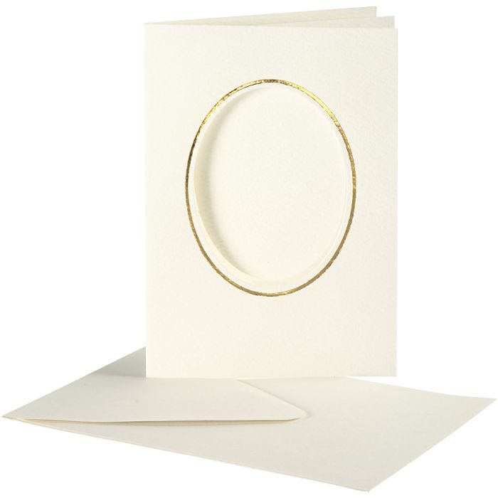 Korttipohjat kirjekuorineen, kultareunainen ovaali, kortin koko 10,5x15 cm, kirjekuoren koko 11,5x16,5 cm, luonnonvalkonen, 10 set/ 1 pkt