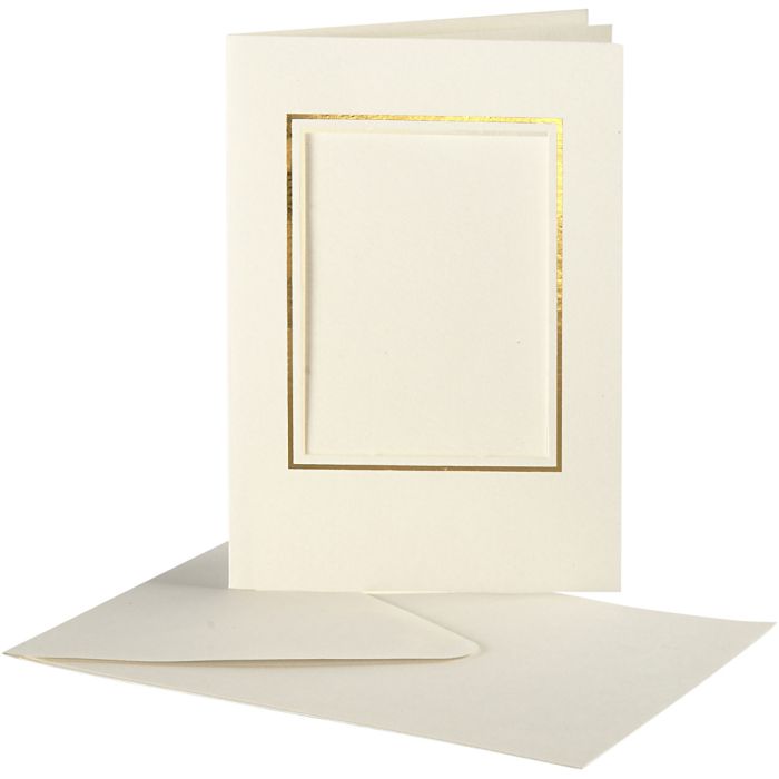 Korttipohjat kirjekuorineen, kultareunainen suorakaide, kortin koko 10,5x15 cm, kirjekuoren koko 11,5x16,5 cm, luonnonvalkonen, 10 set/ 1 pkt