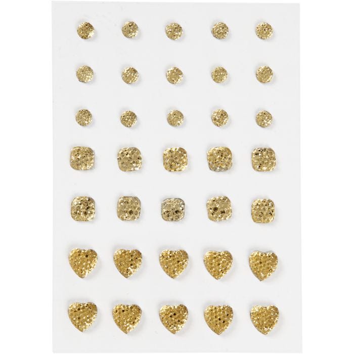 Akryylitimantit, pyöreä, neliö, sydän, koko 6+8+10 mm, kulta, 35 kpl/ 1 pkt