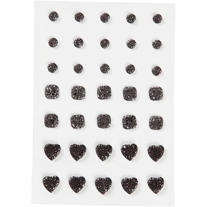 Akryylitimantit, pyöreä, neliö, sydän, koko 6+8+10 mm, musta, 35 kpl/ 1 pkt