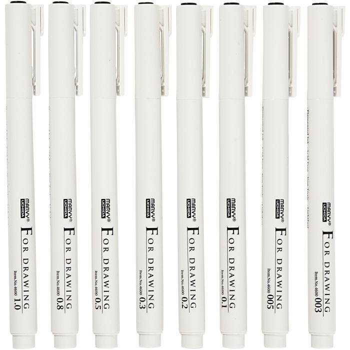 Fine Line piirustustussit, paksuus 0,03+0,05+0,1+0,2+0,3+0,5+0,8+1,0 mm, musta, 8 kpl/ 1 pkt