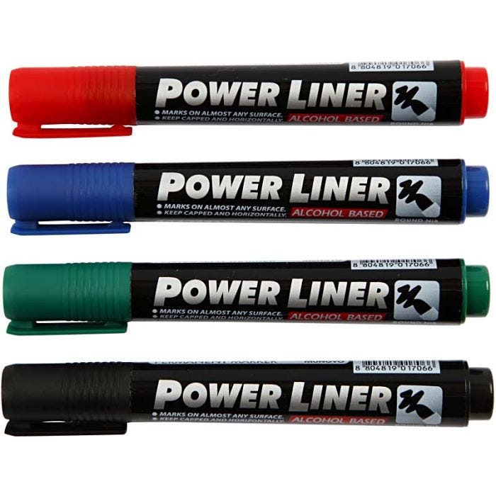 Power Liner, paksuus 1,5-3 mm, musta, sininen, vihreä, punainen, 4 kpl/ 1 pkt