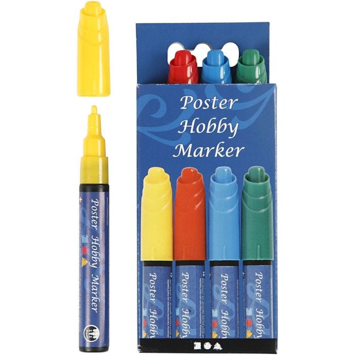 Poster Hobby Marker, paksuus 3 mm, sininen, vihreä, punainen, keltainen, 4 kpl/ 1 pkt