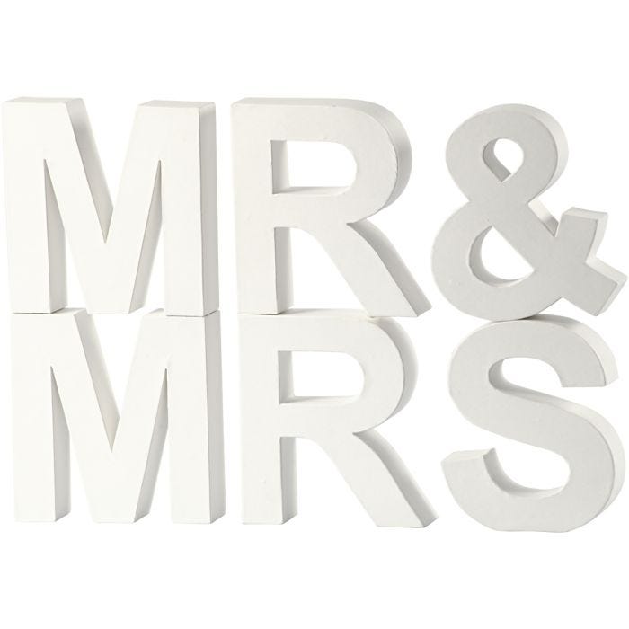 Kirjaimet, MR &amp; MRS, Kork. 17,5 cm, S: 4,5 cm, valkoinen, 1 set