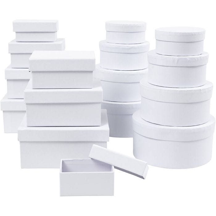 Pahvirasialajitelma, Kork. 3,5+4,5+5,5+6,5 cm, koko 8,5x11,5+11x14 cm, Lajitelman sisältö voi vaihdella , valkoinen, 16 kpl/ 1 pkt