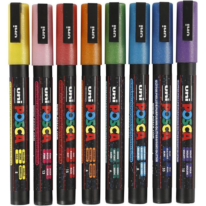 Posca Marker, PC-3ML, paksuus 0,9-1,3 mm, glitter värit, 8 kpl/ 1 pkt