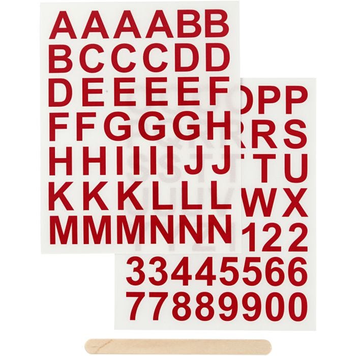 Siirtotarra, Kirjaimet ja numerot, Kork. 17 mm, 12,2x15,3 cm, punainen, 1 pkk
