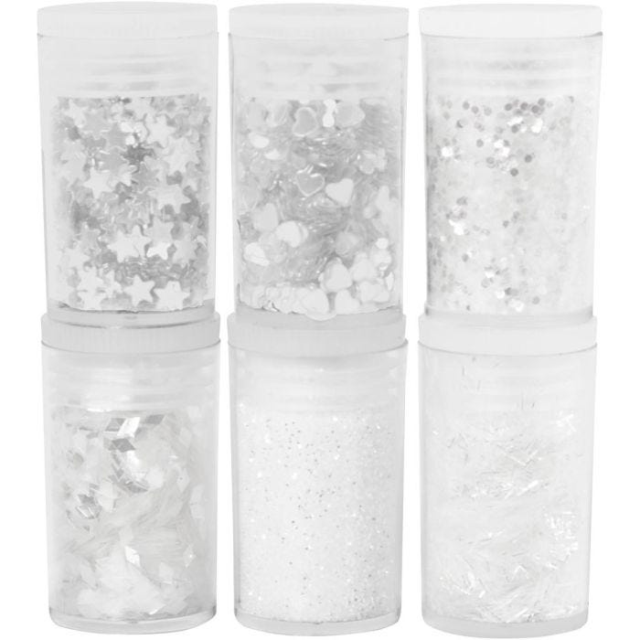 Kimalteet ja Paljetit, valkoinen, 6x5 g/ 1 pkt