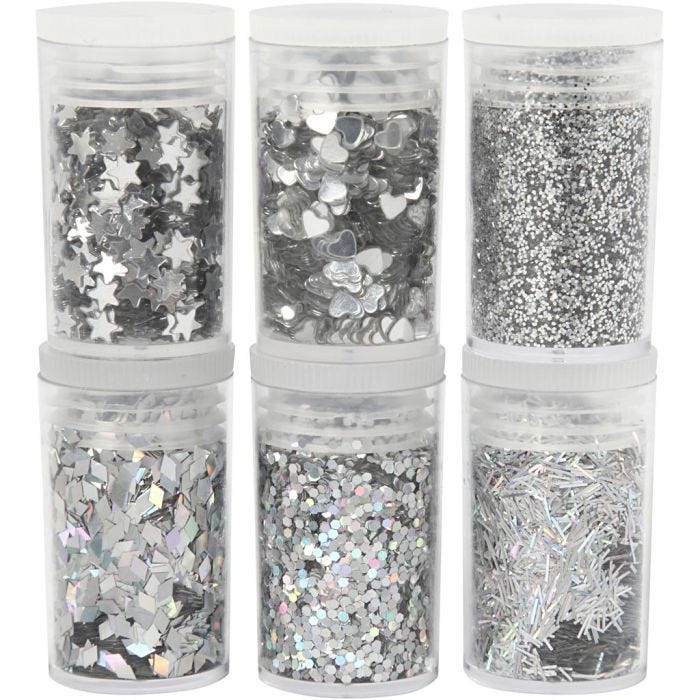 Biohajoavat kimalteet ja paljetit, hopea, 6x7 ml/ 1 pkt