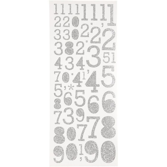 Kimalletarrat, numerot, arkki 10x24 cm, hopea, 2 ark/ 1 pkt