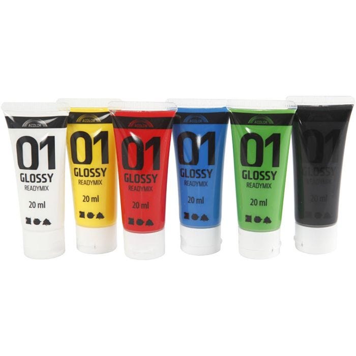 Akryylimaali Kiiltävä, perusvärilajitelma, 6x20 ml/ 1 pkt