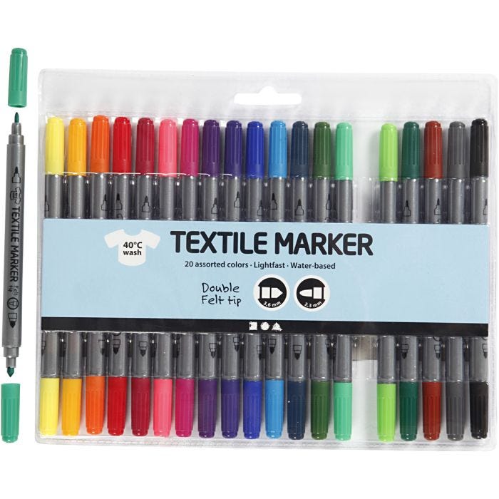 Tekstiilitussit, paksuus 2,3+3,6 mm, perusvärilajitelma, 20kpl/ 1 pkt