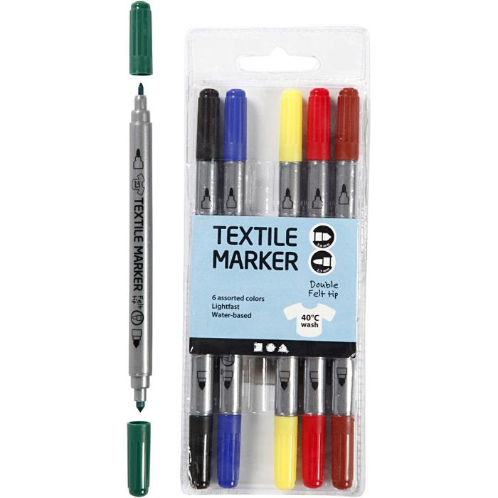 Tekstiilitussit, paksuus 2,3+3,6 mm, perusvärilajitelma, 6 kpl/ 1 pkt