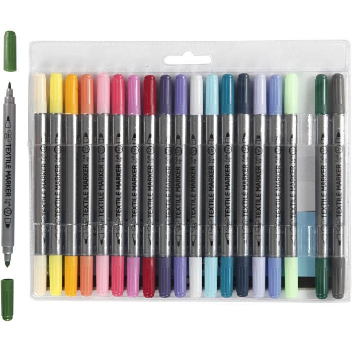 Tekstiilitussit, paksuus 2,3+3,6 mm, lisävärit, 20 kpl/ 1 pkt