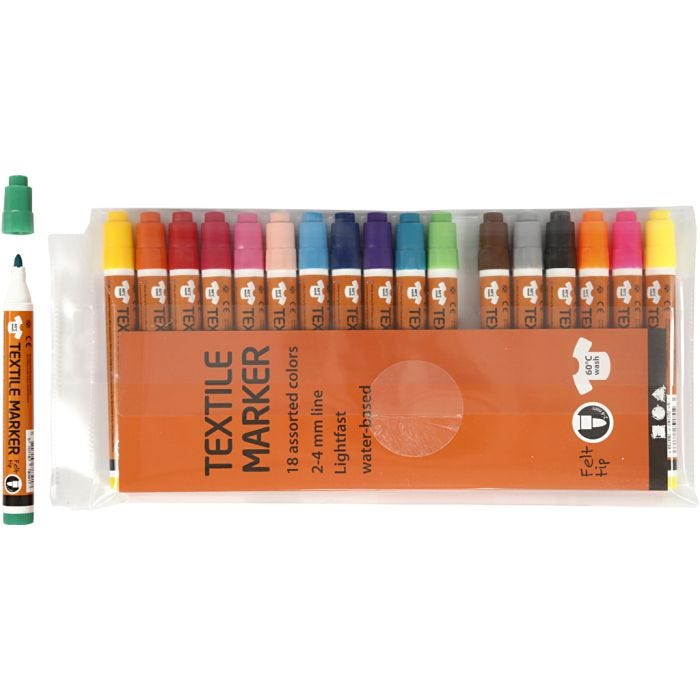 Tekstiilitussit, paksuus 2-4 mm, värilajitelma, 18 kpl/ 1 pkt
