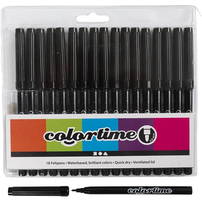 Colortime-tussit, paksuus 2 mm, musta, 18 kpl/ 1 pkt