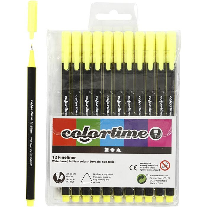 Colortime Fineliner -tussit, paksuus 0,6-0,7 mm, keltainen, 12 kpl/ 1 pkt