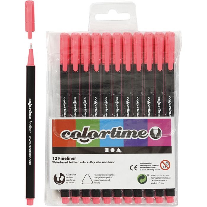 Colortime Fineliner -tussit, paksuus 0,6-0,7 mm, pinkki, 12 kpl/ 1 pkt