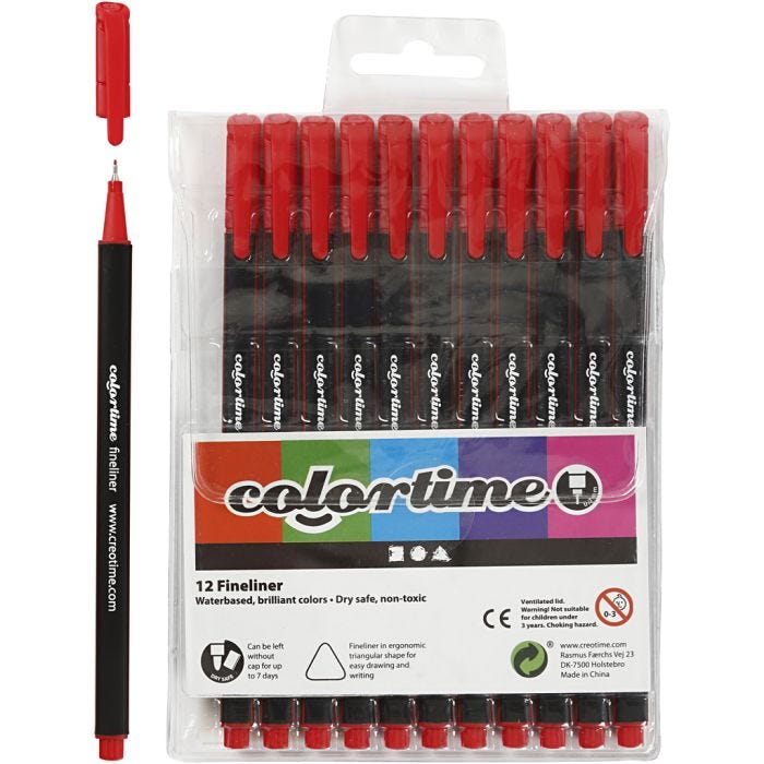 Colortime Fineliner -tussit, paksuus 0,6-0,7 mm, punainen, 12 kpl/ 1 pkt
