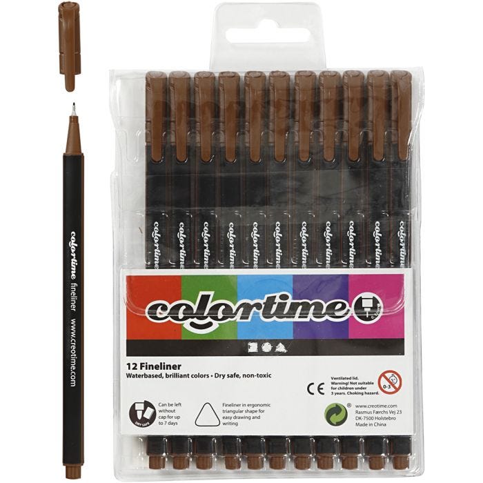 Colortime Fineliner -tussit, paksuus 0,6-0,7 mm, ruskea, 12 kpl/ 1 pkt