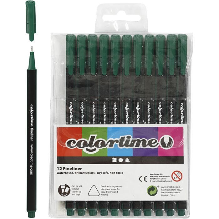 Colortime Fineliner -tussit, paksuus 0,6-0,7 mm, tummanvihreä, 12 kpl/ 1 pkt